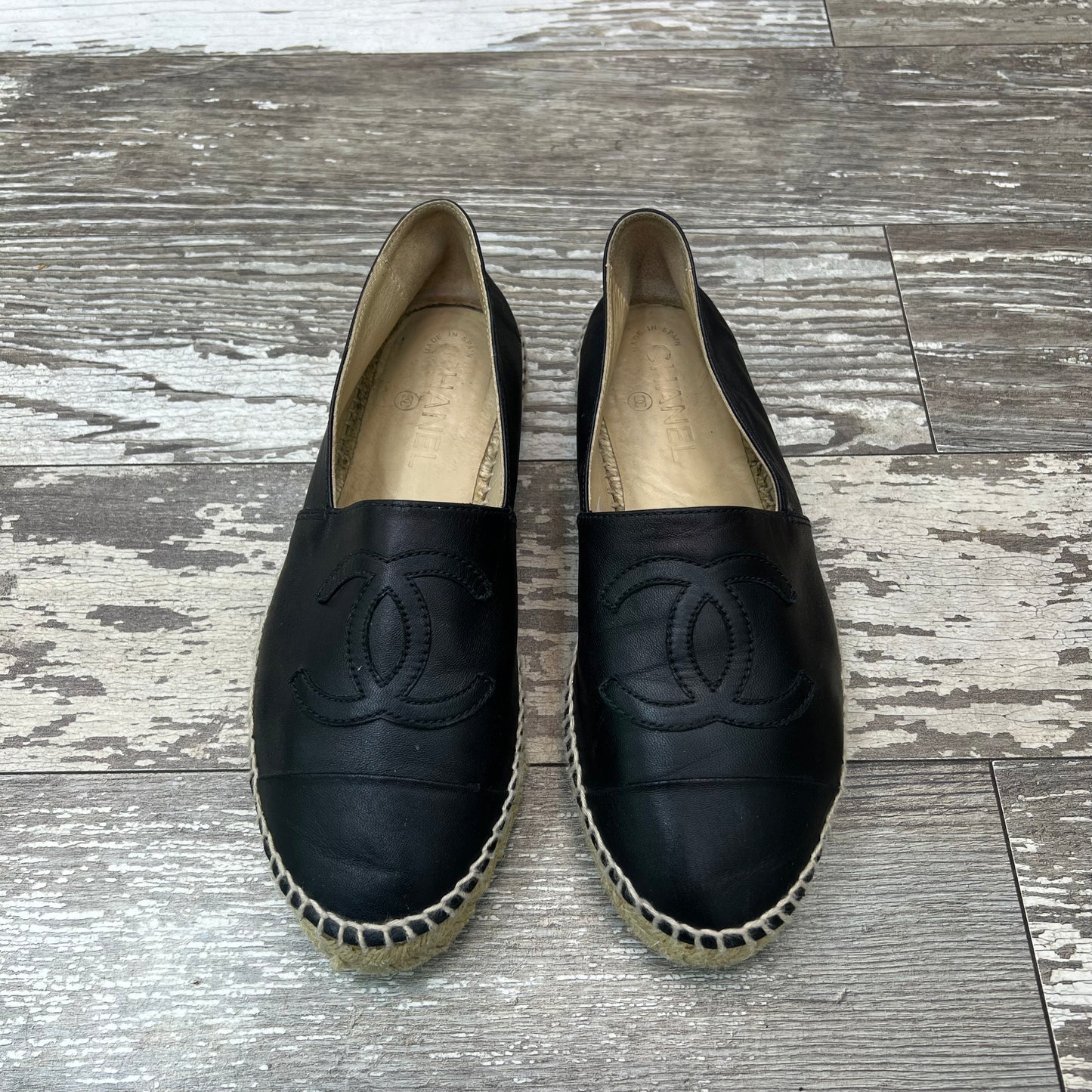 Chanel Black Leather Espadrilles, Size 38