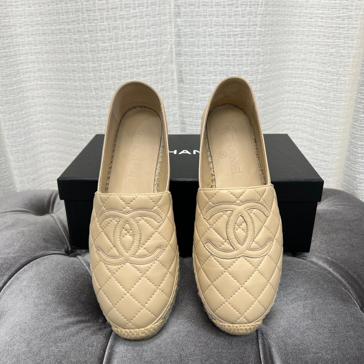 Chanel Beige Leather Quilted Espadrilles, Size 37