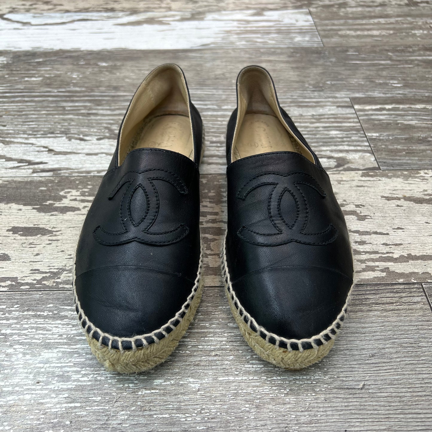 Chanel Black Leather Espadrilles, Size 38