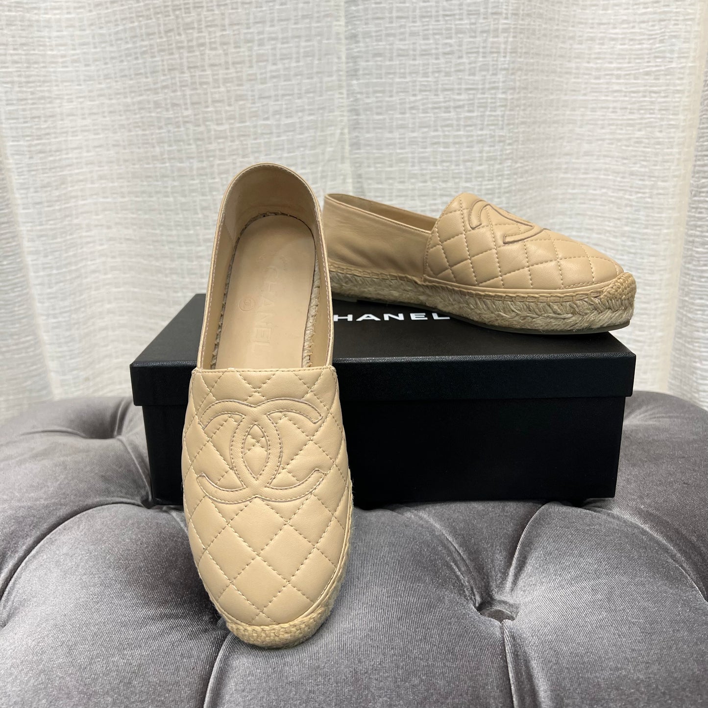 Chanel Beige Leather Quilted Espadrilles, Size 37