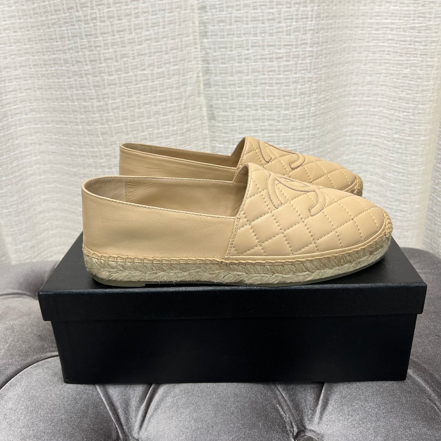 Chanel Beige Leather Quilted Espadrilles, Size 37