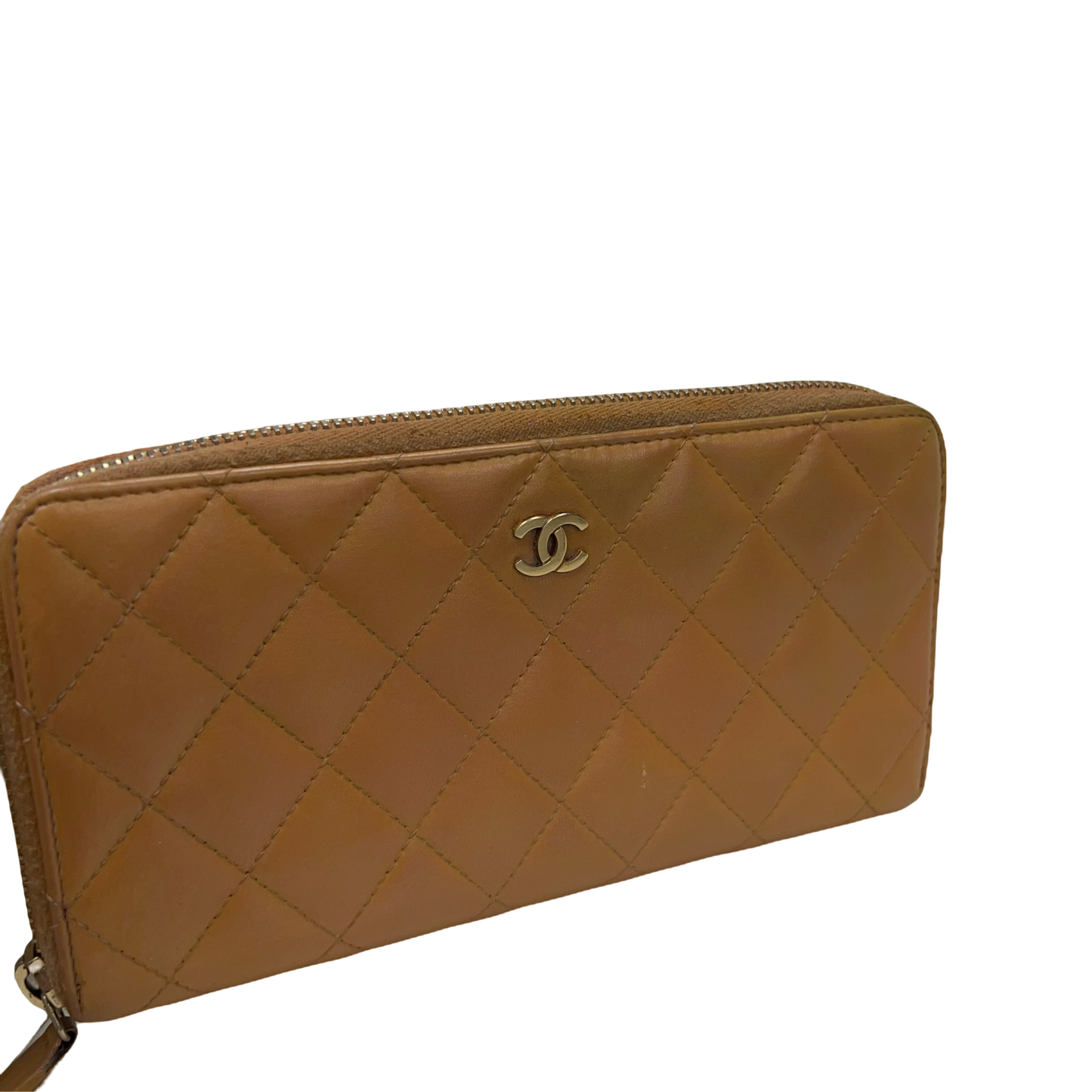 Chanel Light Brown Lambskin Quilted Zip Wallet