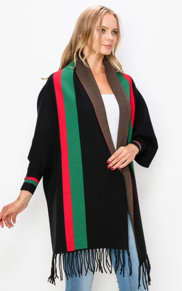 Black 2 Stripe Accent Sleeve Cape Shawl with Fringe