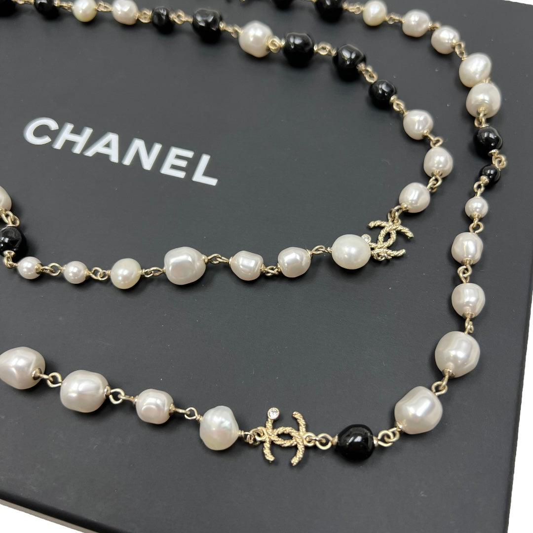 Chanel Black & White Pearl Crystal Long Necklace