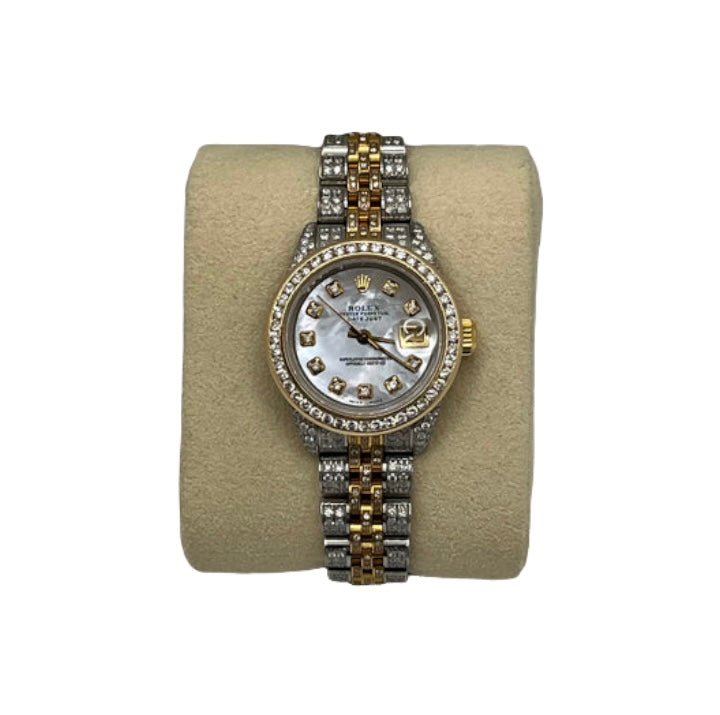 Rolex date just 2 tone 26mm mother of Pearl diamonds iced out 9533403