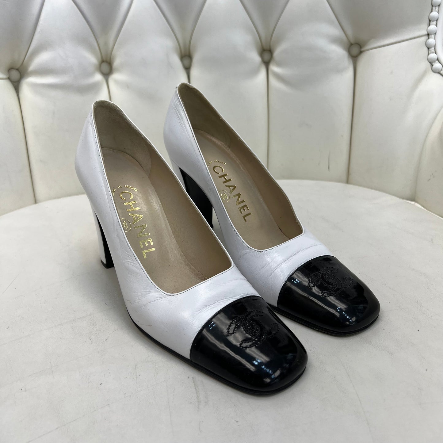 Chanel Vintage White and Black Leather Pumps, Size 37