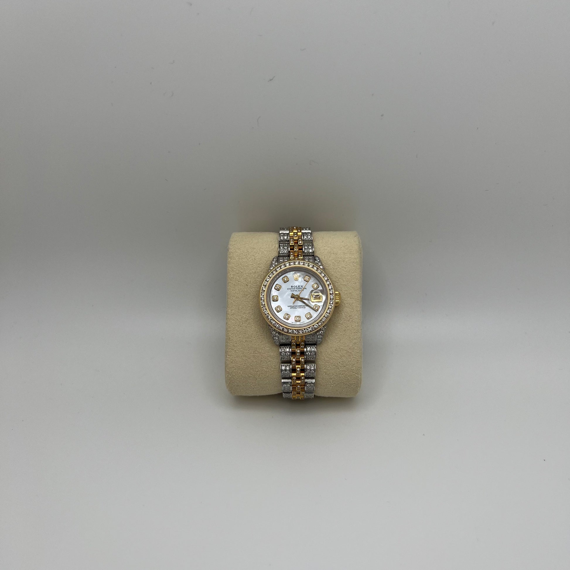 Rolex date just 2 tone 26mm mother of Pearl diamonds iced out 9533403