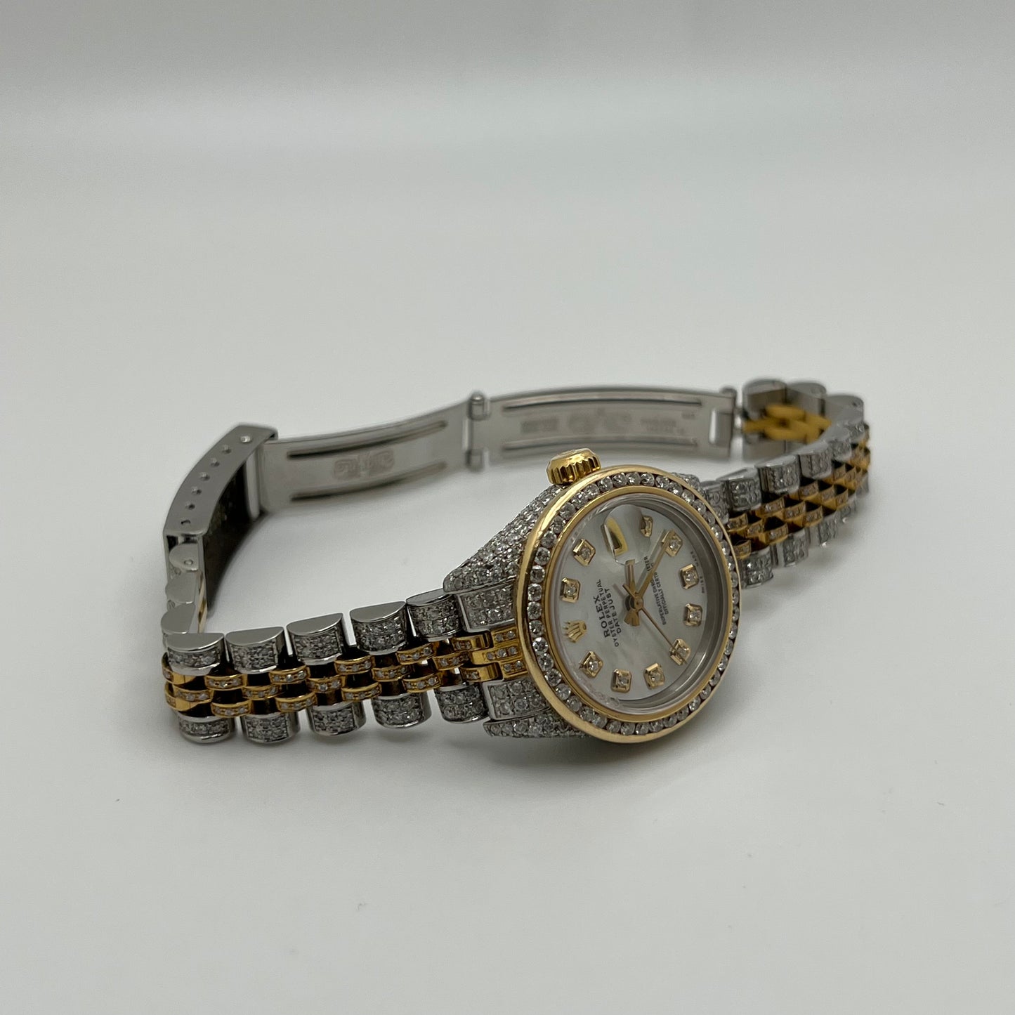 Rolex date just 2 tone 26mm mother of Pearl diamonds iced out 9533403