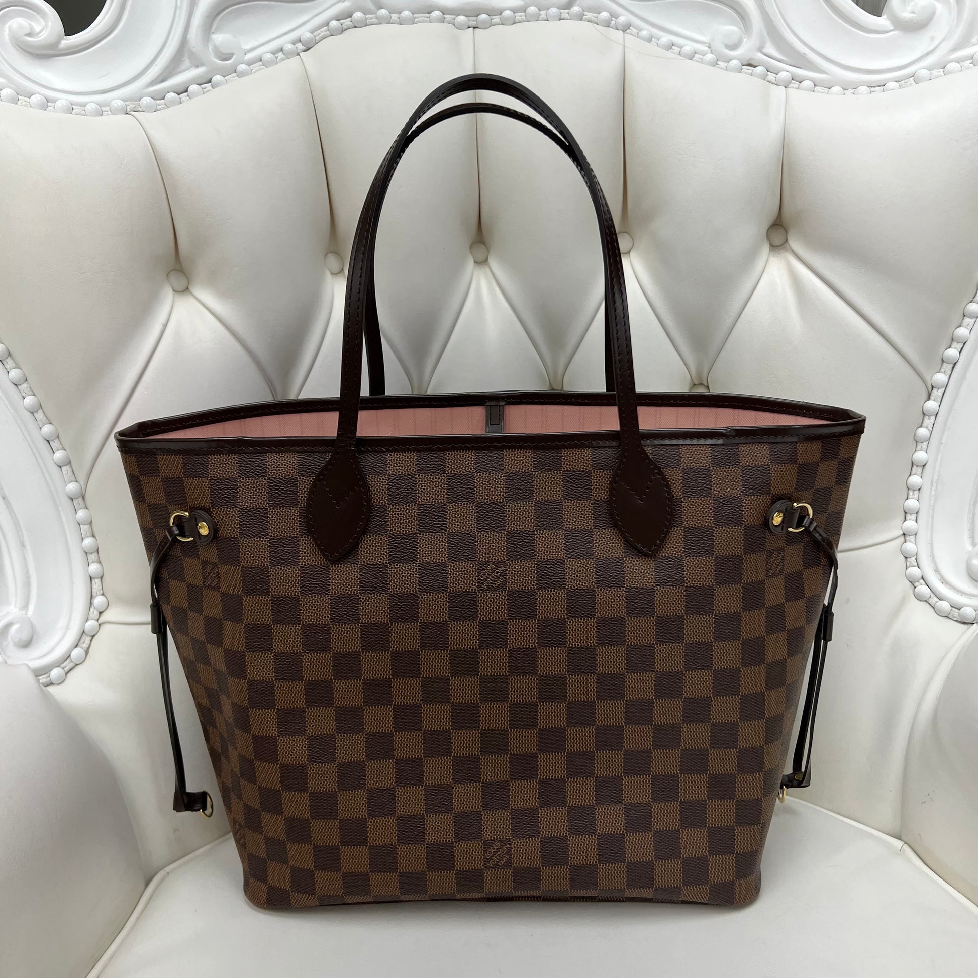 LOUIS VUITTON Neverfull MM Damier Ebene Tote Bag Rose Ballerine