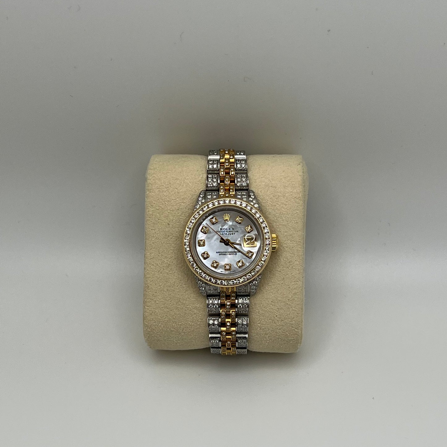 Rolex date just 2 tone 26mm mother of Pearl diamonds iced out 9533403