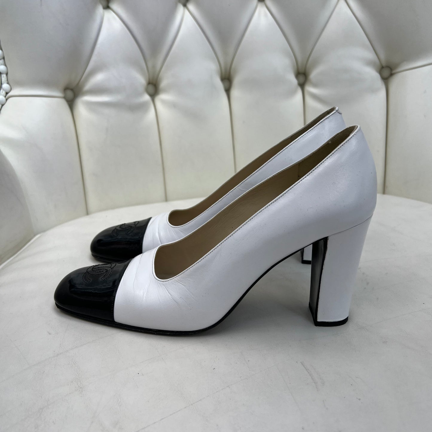 Chanel Vintage White and Black Leather Pumps, Size 37
